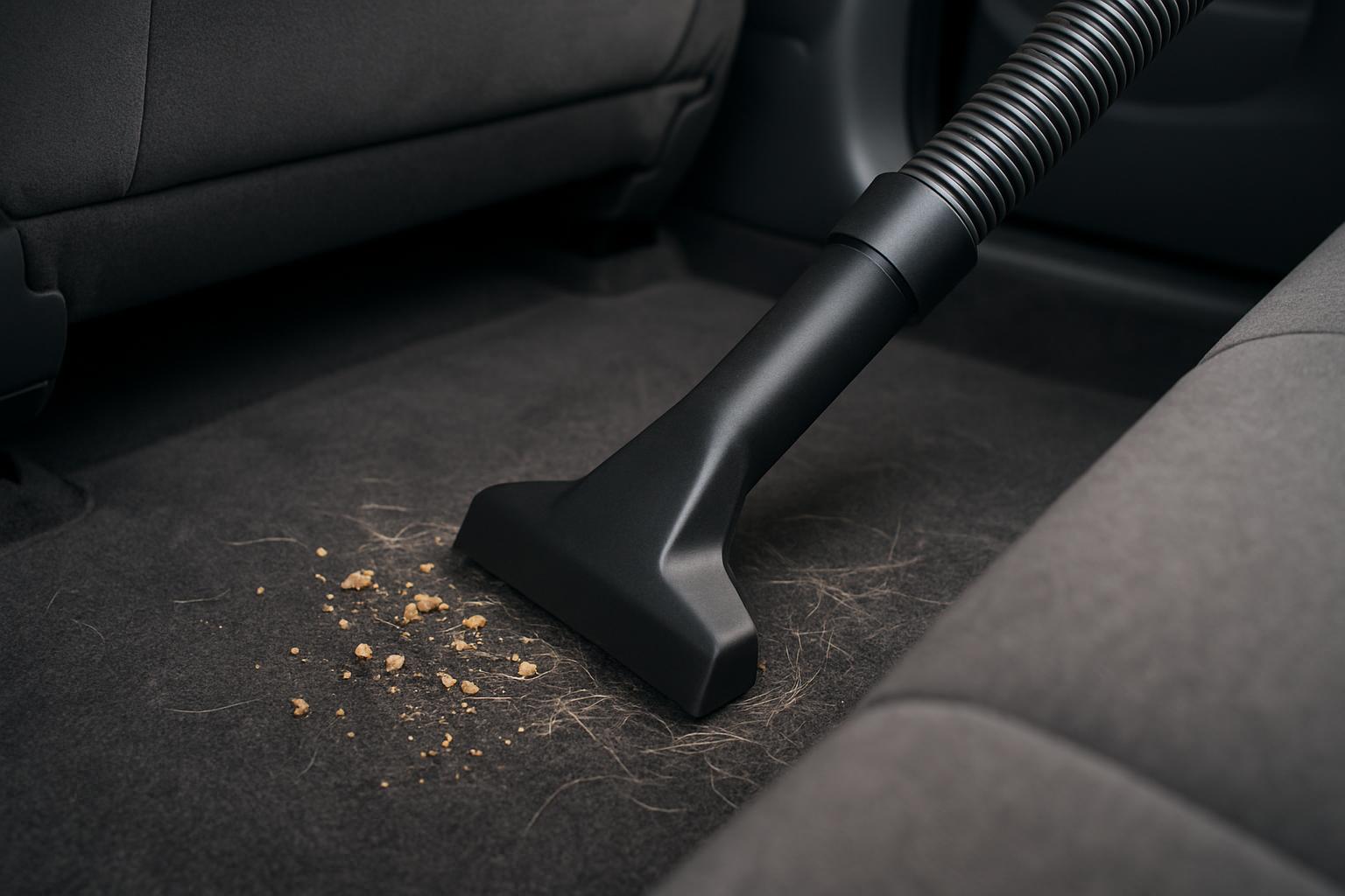 The vacuum is cleaning up debris on the floor of a car. no image description.