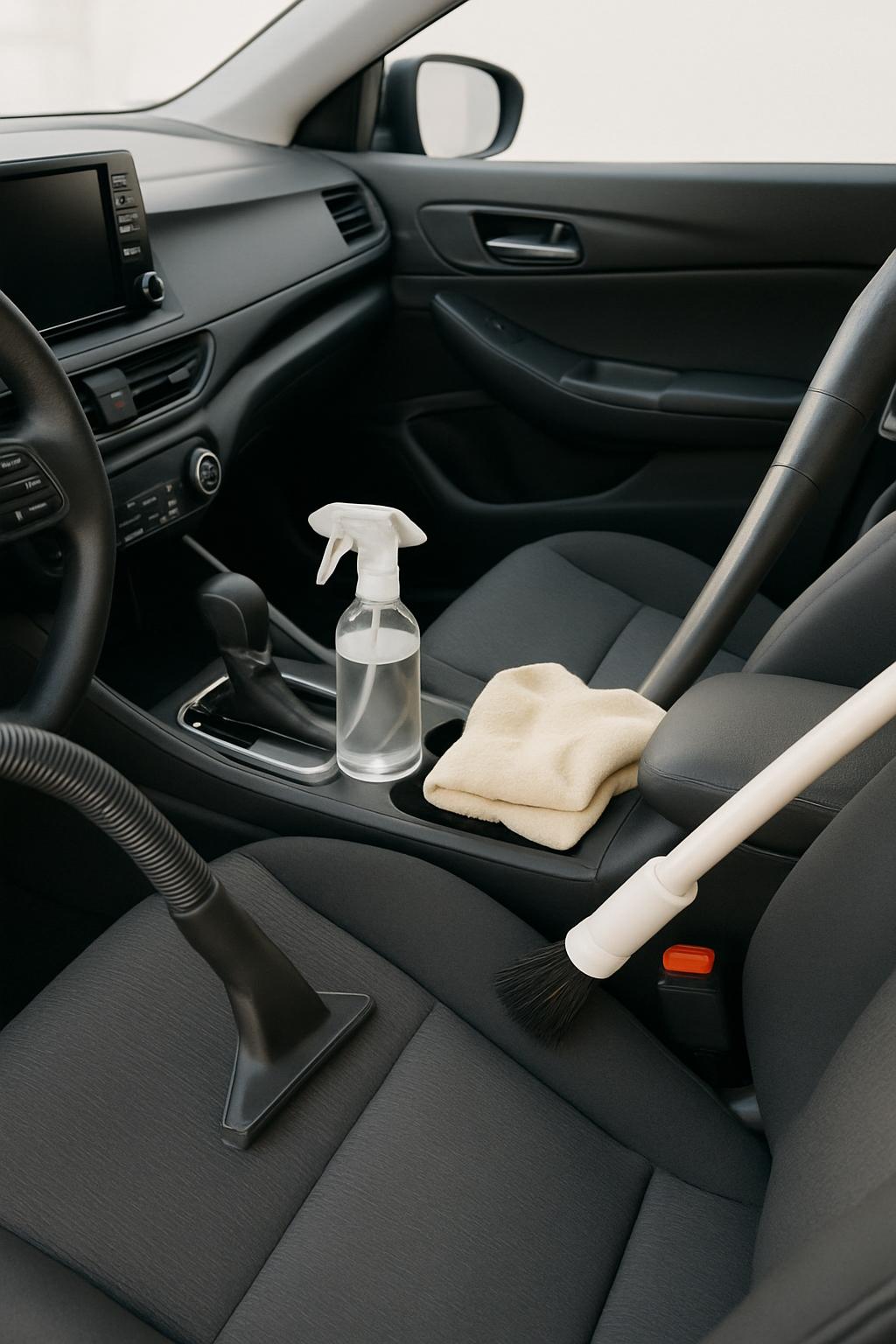 Car interior cleaning with various tools.